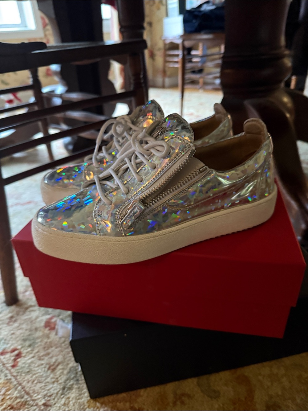 Giuseppe Zanotti Holographic Silver Iridescent Lace-Up Sneakers